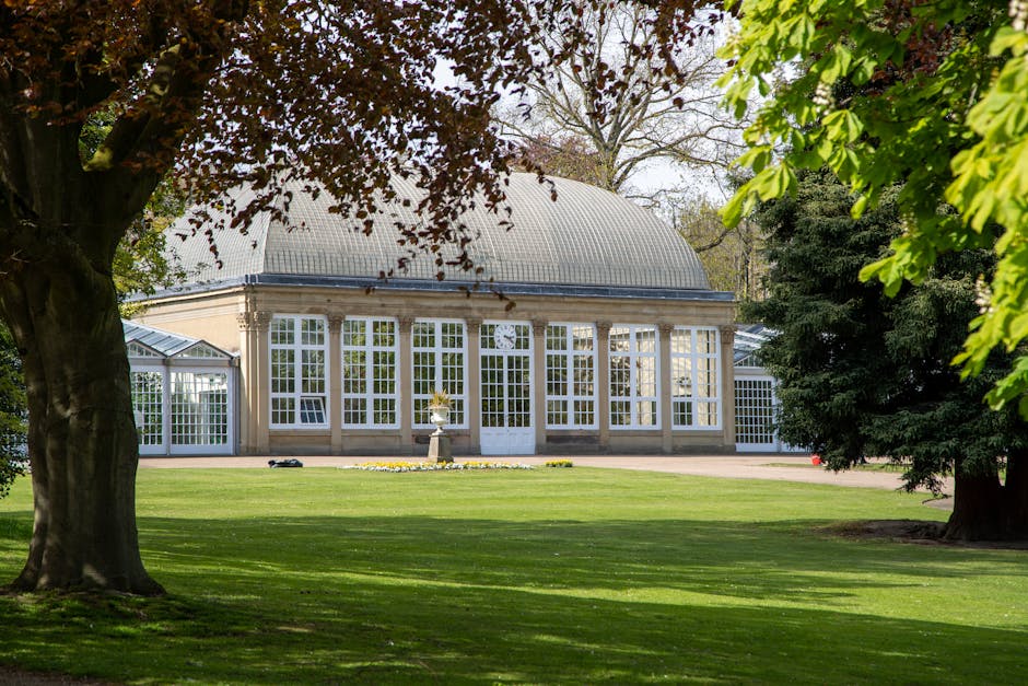 A spacious garden with a well-maintained, lush green lawn bordered by mature trees with broad leaves providing partial shade. In the background, there is an elegant conservatory with large, white-fram